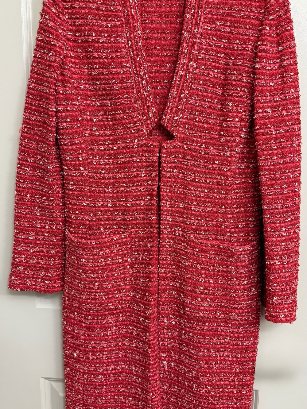 St. John Red Bouclé Trench Coat with Metallic Thread Detail